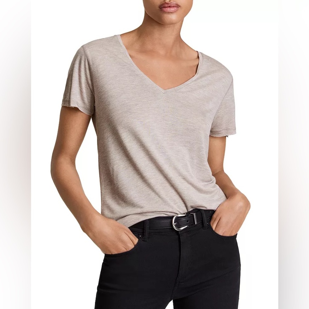 Allsaints Emelyn Shimmer Marled Rose Grey V Neck T-Shirt Size Small EUC